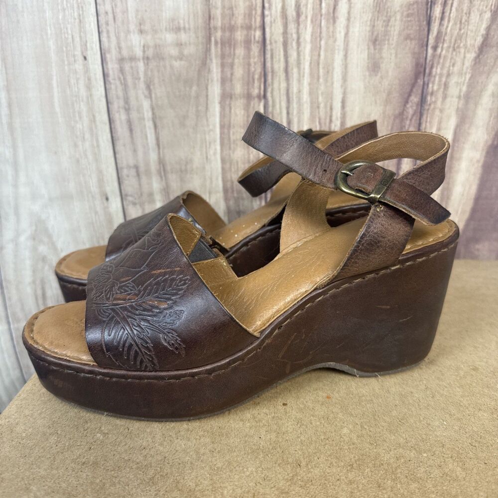 Beautiful Size 8 Born Dark Rich Brown Leather Wedge Platform Sandals